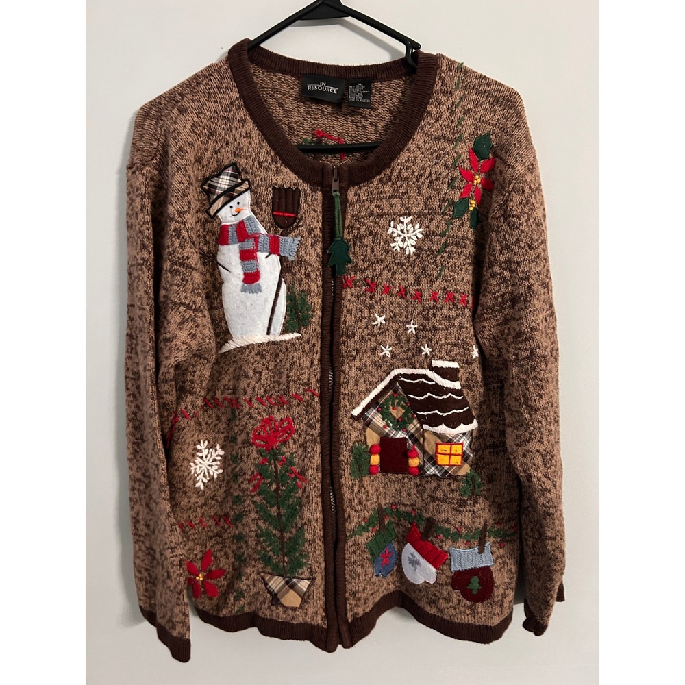 In Resource Womens Brown Christmas Snowman Cottage Zip Front Cardigan Sweater M